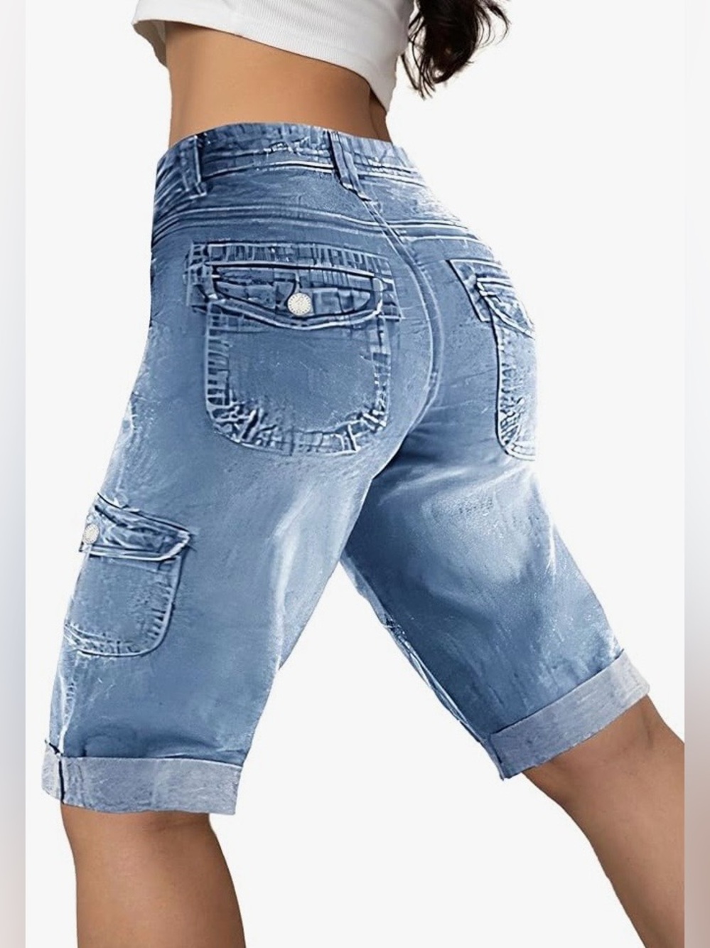 Flamingals Flap Pocket Roll Hem Mid Waist Denim Bermuda Shorts
